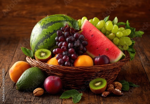Variety of fruits overflows in a rustic wicker basket on a textured wooden surface