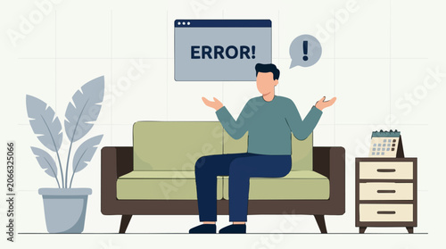 Fotografía Frustrated man sitting on sofa with a computer error message
