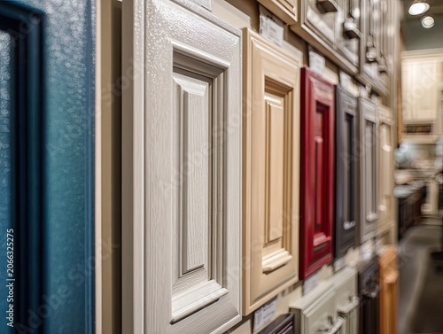 Variety of painted cabinet doors on display in a showroom, selective focus view