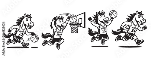 Tableau sur toile Horse Basketball Player Cartoon Character Set, Retro Sports Mascot Pack