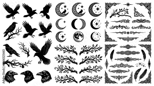 Black silhouettes of birds and moons.