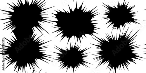 Tableau sur toile Abstract black splatters and starburst shapes create a dynamic, chaotic visual texture against a clean white background, suggesting energy and impact