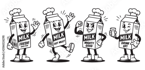 Foto Milk Carton Box Cartoon Character Set, Retro Dairy Product Mascot Pack