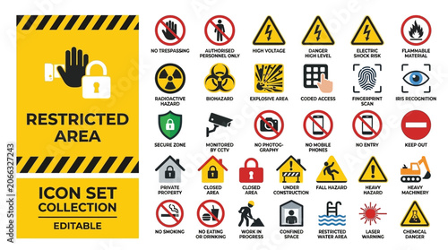 Foto Restricted area and industrial hazard safety warning icon collection
