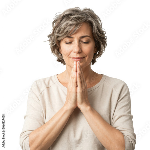Woman Praying Hands Together Isolated