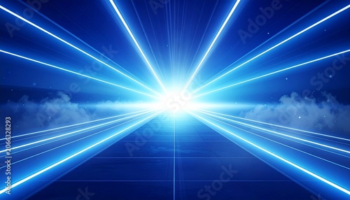 Vibrant blue light rays emanate from a central point in the sky