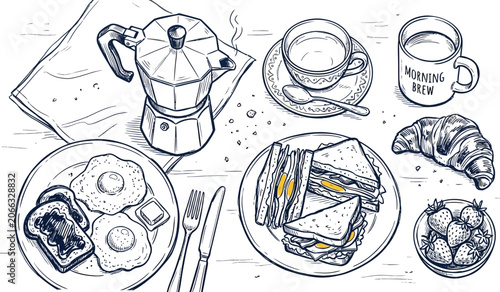 Tableau sur toile Breakfast table with coffee, eggs, toast, sandwiches, croissant and strawberries