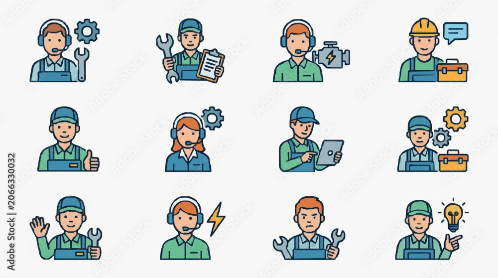 Fototapeta premium Professional Illustrated Set of 12 Diverse Customer Support and Technical Service Icons with Gear Tools and Communication Devices