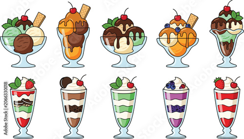 Ice cream sundae and parfait vector cartoon icon collection set featuring delicious dessert bowls and glasses with colorful scoops chocolate sauce whipped cream and berries isolated on white