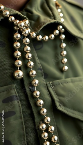 Silvery military beads adorn a dark green private fatigue uniform, camouflage, outdoors