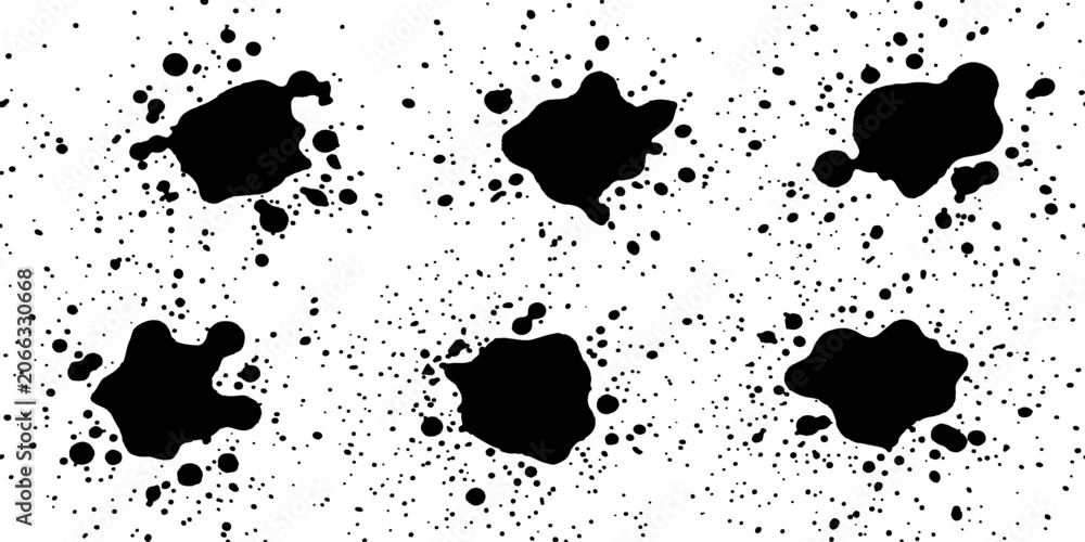 Fototapeta premium Six dynamic black ink splatters, each uniquely shaped, are scattered across a textured canvas, creating a striking abstract composition.