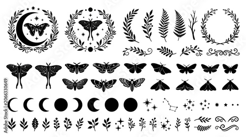 Black silhouettes of butterflies and moons.