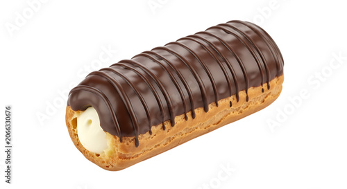 Chocolate eclair with cream filling and ribbed icing detailed pastry on transparent background dessert sweet baked golden brown vanilla custard