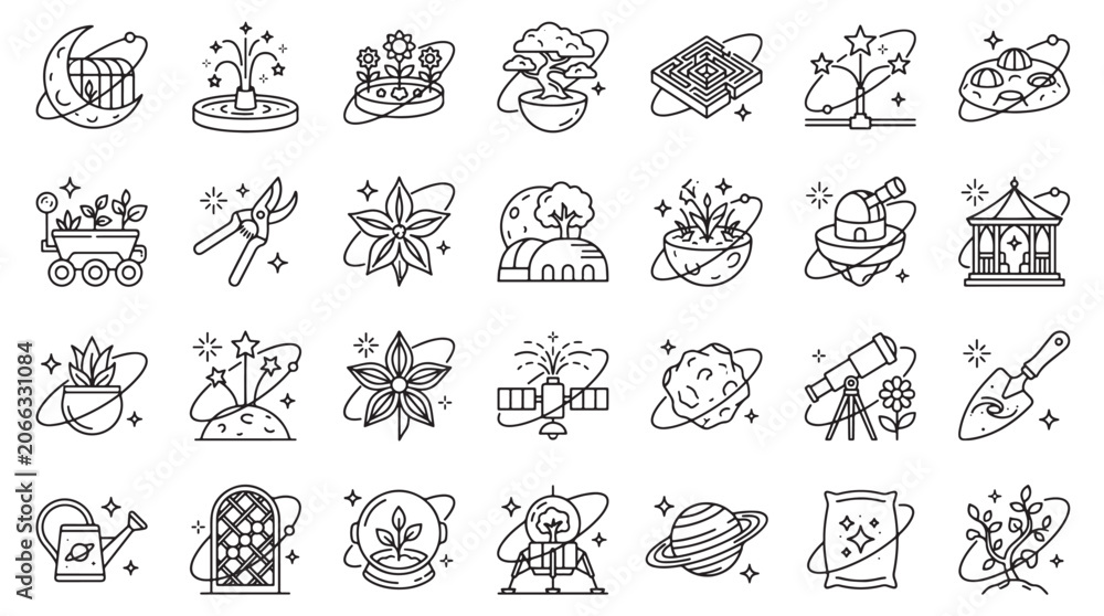 Fototapeta premium Moon Garden Architects Elements Icons Sets Packs, Editable Vectors Strokes Illustrations. containing icon, set, vector, space, gardening, planet, plant, flower, astronomy and mores Elements Icons.