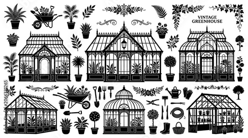 Greenhouses and gardening tools illustration.