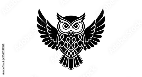 Elegant black and white owl illustration with ornate patterns and majestic spread wings, symbolizing wisdom, knowledge, and mystery.
