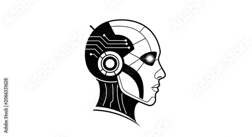 Cyborg head profile vector illustration with glowing eyes and circuit board design, artificial intelligence and robotics concept.