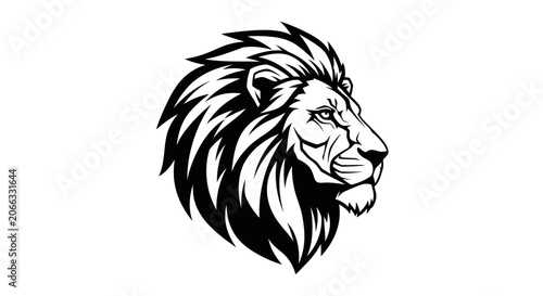 Powerful and majestic lion head in profile vector illustration, black and white design for emblem, mascot, or graphic element.