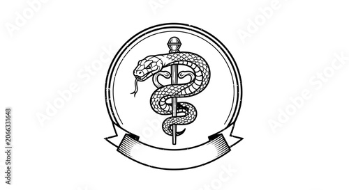 Classic medical symbol vector illustration, featuring a snake staff emblem. Vintage healthcare and pharmacy badge for healing concepts.