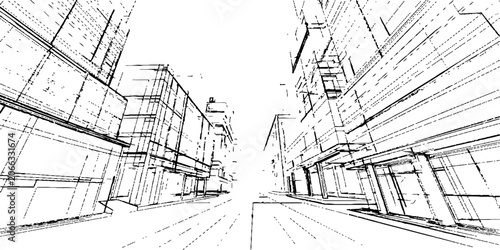 Billede på lærred An architectural sketch depicts a futuristic cityscape with towering abstract structures, rendered in a dynamic linear style, suggesting modern urban planning and innovative design