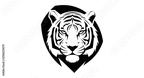 Stylized Tiger Head Illustration. Bold Black and White Graphic Design. Fierce, Powerful Animal Emblem Vector Art.