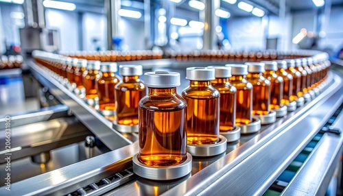 Amber liquid vials on stainless‑steel conveyor in sterile pharmaceutical factory, symbolizing precision, automation, and modern medical manufacturing.
