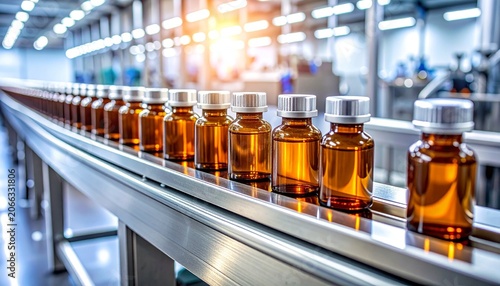 Amber liquid vials on stainless‑steel conveyor in sterile pharmaceutical factory, symbolizing precision, automation, and modern medical manufacturing.