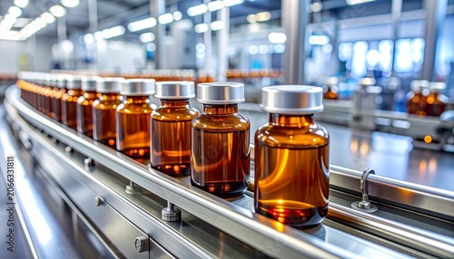 Amber liquid vials on stainless‑steel conveyor in sterile pharmaceutical factory, symbolizing precision, automation, and modern medical manufacturing.