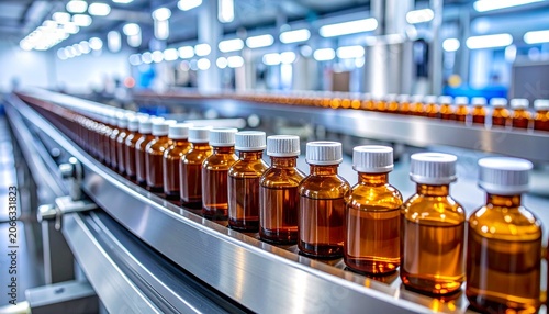 Amber liquid vials on stainless‑steel conveyor in sterile pharmaceutical factory, symbolizing precision, automation, and modern medical manufacturing.