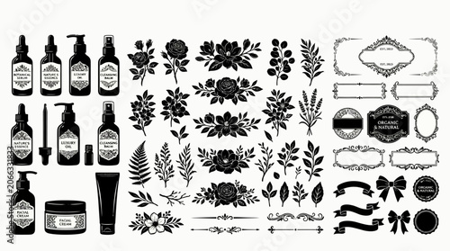 Black and white beauty products icons.