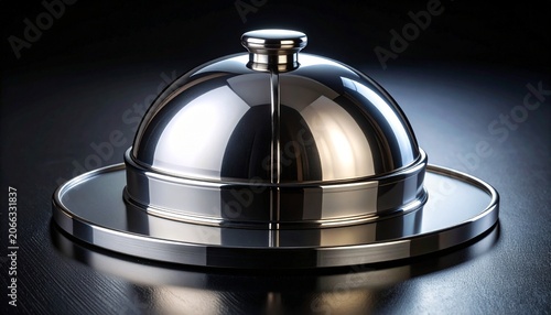 Reflective metallic dome with curved steel rods and polished cap on black background, symbolizing symmetry, strength, and futuristic industrial design.