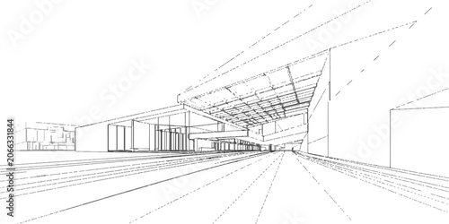 Photos A dynamic architectural sketch depicts a modern building design with clean lines and a sense of vast space, hinting at an innovative urban development project