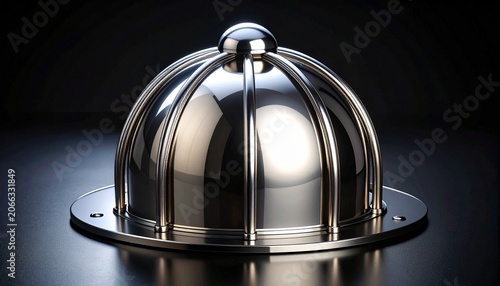 Reflective metallic dome with curved steel rods and polished cap on black background, symbolizing symmetry, strength, and futuristic industrial design.