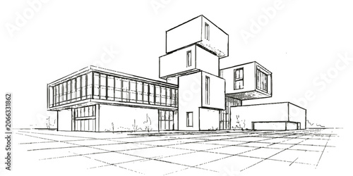 Quadro su tela Modern architectural sketch of a unique, stacked box-like building with large glass windows, showcasing contemporary design and innovation