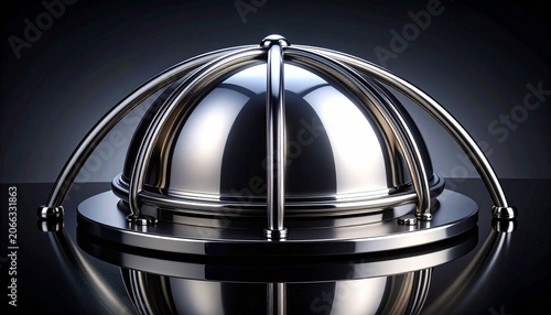 Reflective metallic dome with curved steel rods and polished cap on black background, symbolizing symmetry, strength, and futuristic industrial design.