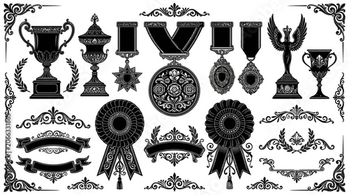 Black and white award symbols icons.