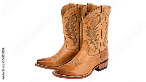 Photos Pair of classic brown textured leather cowboy boots western footwear isolated on