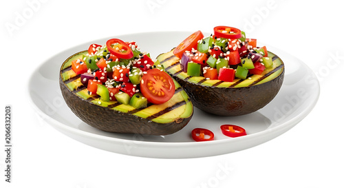 Grilled avocado halves topped with diced vegetables and chili peppers on transparent background food dish cuisine healthy eating fresh produce