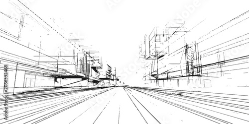Canvastavla Futuristic city street architectural sketch, conveying a sense of motion and urban sprawl in a minimalist line drawing style