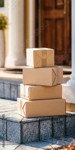 Stack of delivery packages arriving at doorstep, showing e commerce and mail service unattended drop off concept