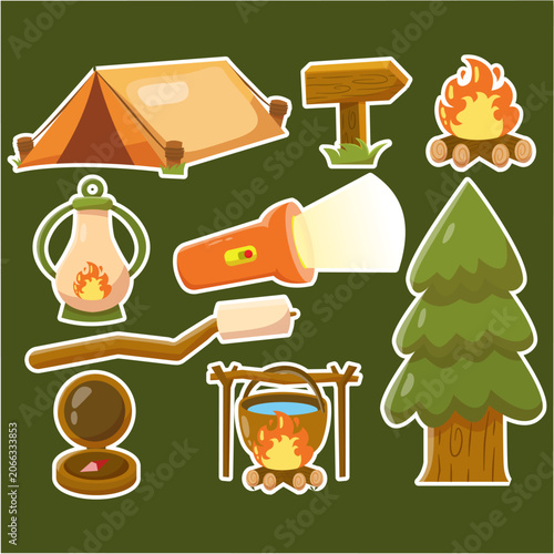 Camping Stickers Set and Adventure Icons
