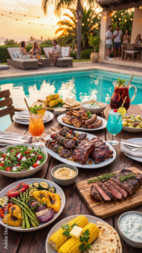 A delicious BBQ dinner table by a swimming pool at sunset. Close-up of grilled steak, ribs, skewers, corn, and cocktails on wood, with blurred friends relaxing in the background.
