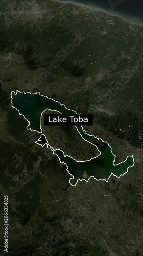 Animated 3D map of Lake Toba with border and name in 1080p short video format