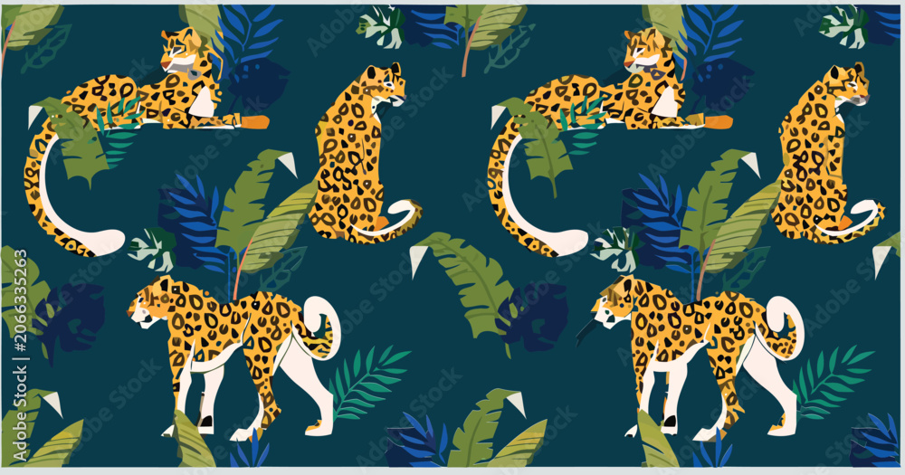 Obraz premium Tropical Leopard and Jungle Leaves Seamless Pattern Illustration