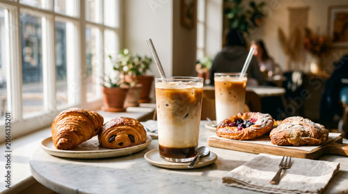 Elegant iced coffee drinks served beside freshly baked croissants and French pastries on a bright cafe marble table.