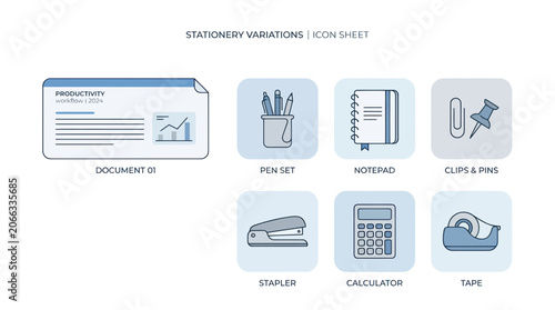 Photos Stationery Variations Icon Sheet: Document, Pen Set, Notepad, Clips, Stapler, Ca