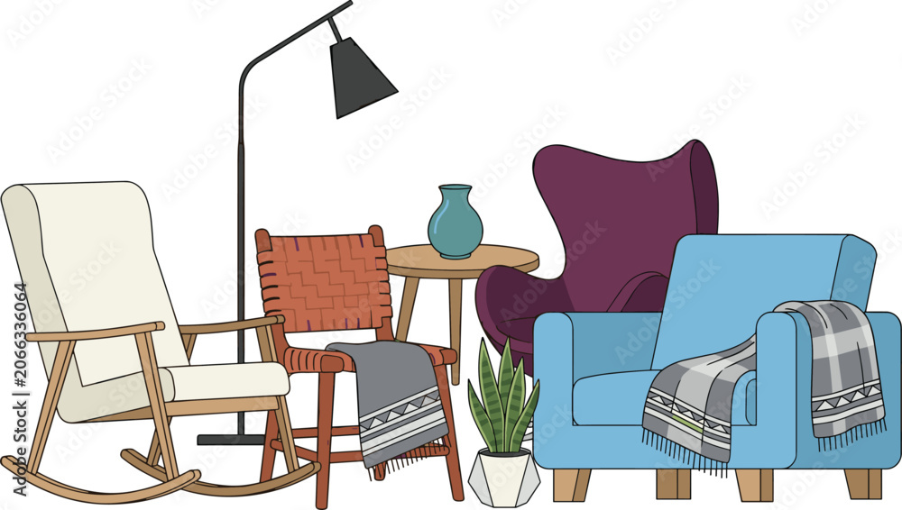 Fototapeta premium Living room furniture vector scene featuring comfortable rocking chair blue armchair woven wood seat purple wingback sofa floor lamp side table and potted snake plant.