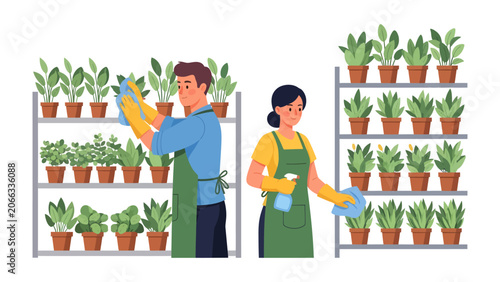 Obraz na płótnie Indoor Greenery Care: A man and a woman meticulously tend to rows of potted houseplants, wiping leaves and misting them to ensure optimal growth and vibrant health within an indoor setting