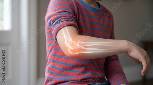 Close up view of a child's arm with glowing bones and highlighted elbow joint indicating potential injury or medical condition human body anatomy health pain inflammation skeletal radiology