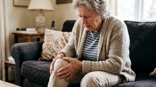 An elderly woman with grey hair sits on a sofa holding her knee with both hands appearing to experience pain or discomfort senior joint ache arthritis person health medical suffering